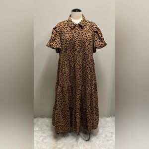 Crown & Ivy Puff Sleeve Button Tiered Leopard Corduroy Midi Dress SZ 1X Brown